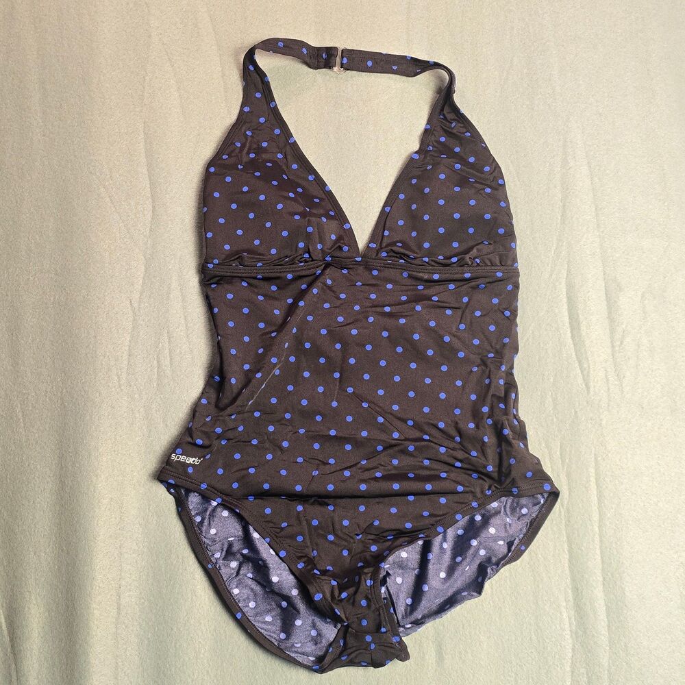 Speedo Black Blue‎ Polka Dot Halter One Piece Swimsuit Size 16 NWT